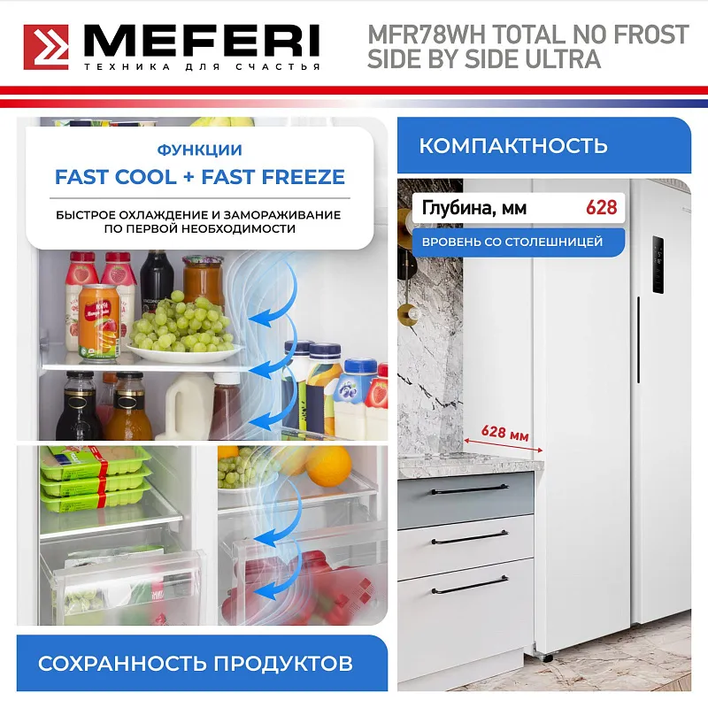 Холодильник отдельностоящий с инвертором MEFERI MFR78WH TOTAL NO FROST SIDE BY SIDE ULTRA