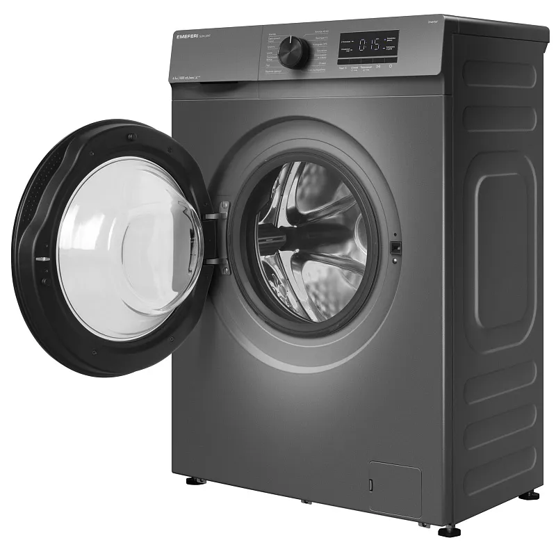 Стиральная машина с инвертором и паром узкая MEFERI MFW061014GR SLIM LIGHT отдельностоящая серая, глубина 34 см, загрузка 6,5 кг