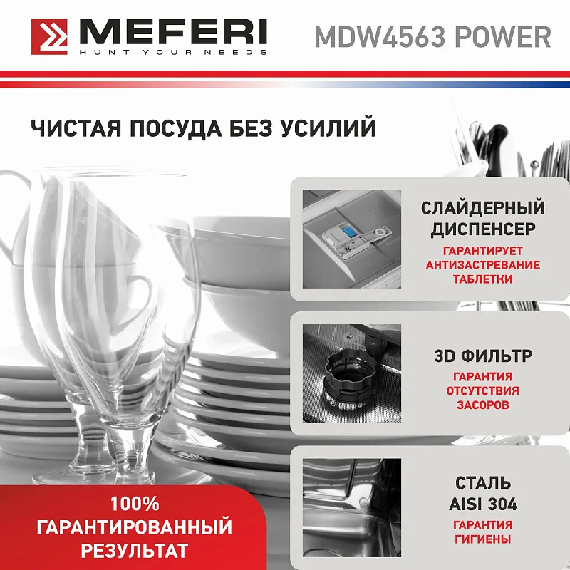 Посудомоечная машина узкая встраиваемая MEFERI MDW4563 POWER, 45 см, 10 комплектов посуды, 6 программ, защита от протечек, половинная загрузка, отсрочка, таймер