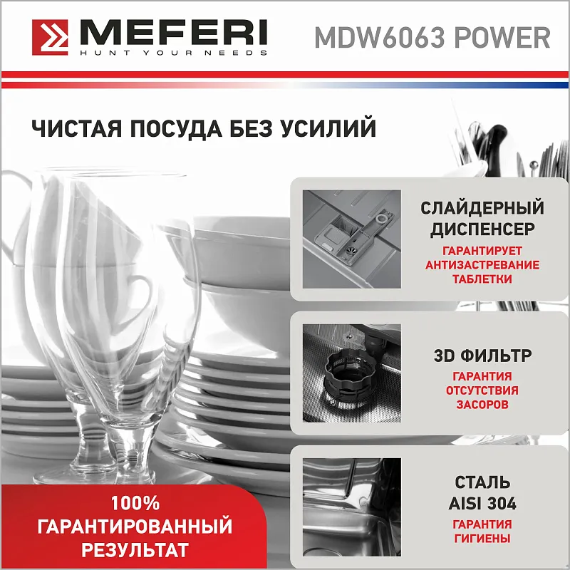 Посудомоечная машина встраиваемая MEFERI MDW6063 POWER, 60 см, напольная, 14 комплектов посуды, 6 программ, 3 корзины,  половинная загрузка, отсрочка, таймер, защита от протечек