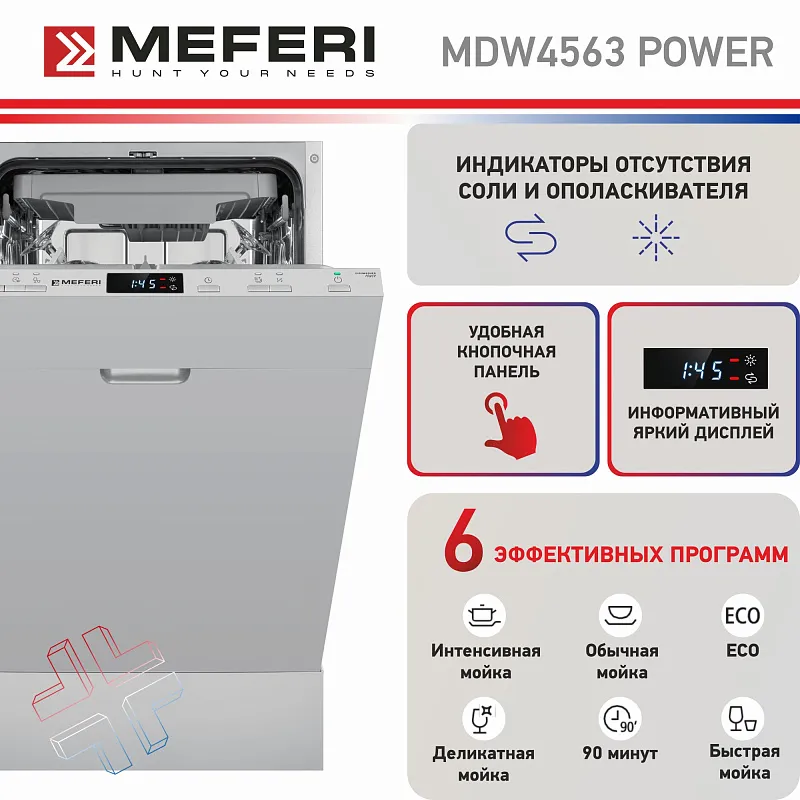 Посудомоечная машина узкая встраиваемая MEFERI MDW4563 POWER, 45 см, 10 комплектов посуды, 6 программ, защита от протечек, половинная загрузка, отсрочка, таймер