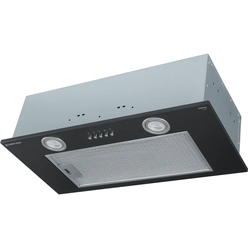 Вытяжка кухонная MEFERI INBOX60BK LIGHT, 60 см, черная, производительность 650 м3/час,  3 скорости, низкий уровень шума, режимы отвод и рециркуляция, гарантия 3 года - изображение vytyazhka_polnovstraivaemaya_inbox60bk_light  