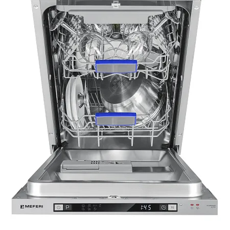 Посудомоечная машина узкая встраиваемая MEFERI MDW4573 ULTRA, 45 см, 10 комплектов посуды, 7 программ, 3 корзины, защита от протечек, луч на полу, внутренняя подсветка, половинная загрузка, отсрочка, таймер Посудомоечная машина узкая встраиваемая MEFERI MDW4573 ULTRA, 45 см, 10 комплектов посуды, 7 программ, 3 корзины, защита от протечек, луч на полу, внутренняя подсветка, половинная загрузка, отсрочка, таймер