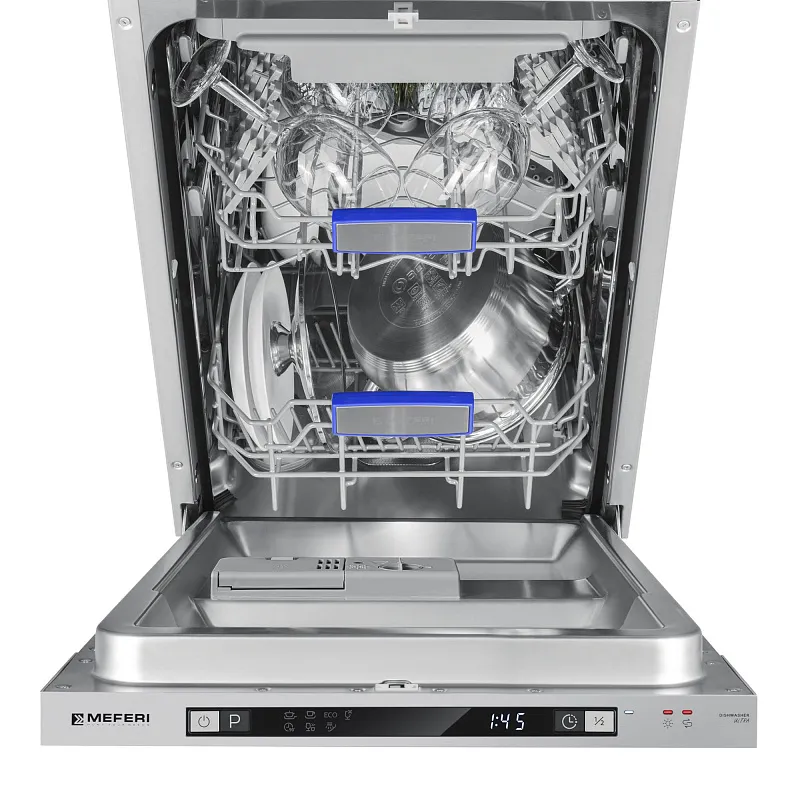 Посудомоечная машина узкая встраиваемая MEFERI MDW4573 ULTRA, 45 см, 10 комплектов посуды, 7 программ, 3 корзины, защита от протечек, луч на полу, внутренняя подсветка, половинная загрузка, отсрочка, таймер