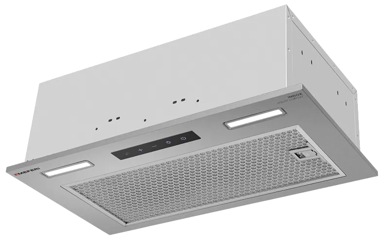Вытяжка кухонная MEFERI INBOX52IX SENSOR COMFORT, 52 см, встраиваемая, серая, производительность 950 м3/ч, 3 скорости, низкий уровень шума, режимы отвод и рециркуляция, сенсорное управление, пульт дистанционного управления, гарантия 3 года - изображение vytyazhka_polnovstraivaemaya_inbox52ix_sensor_comfort  