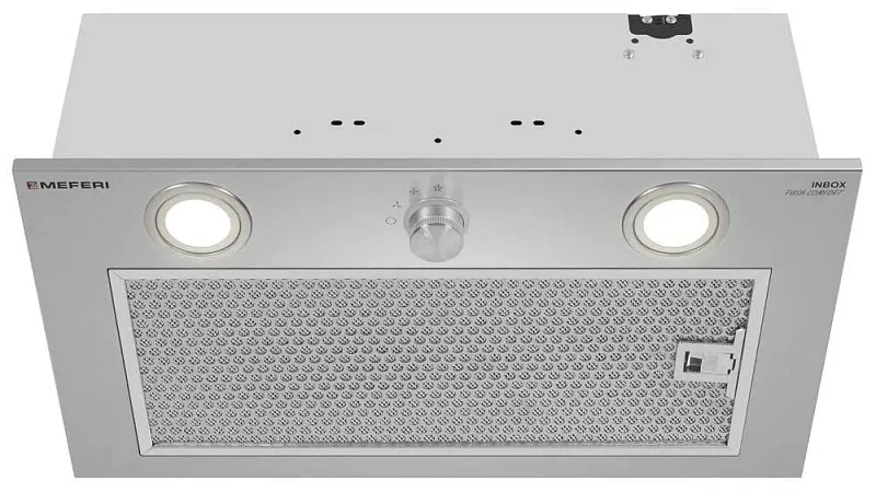 Вытяжка кухонная MEFERI INBOX52IX PUSH COMFORT, 52 см, встраиваемая, серая, производительность 950 м3/ч, 3 скорости, с утапливаемым переключателем, низкий уровень шума, режимы отвод и рециркуляция, гарантия 3 года