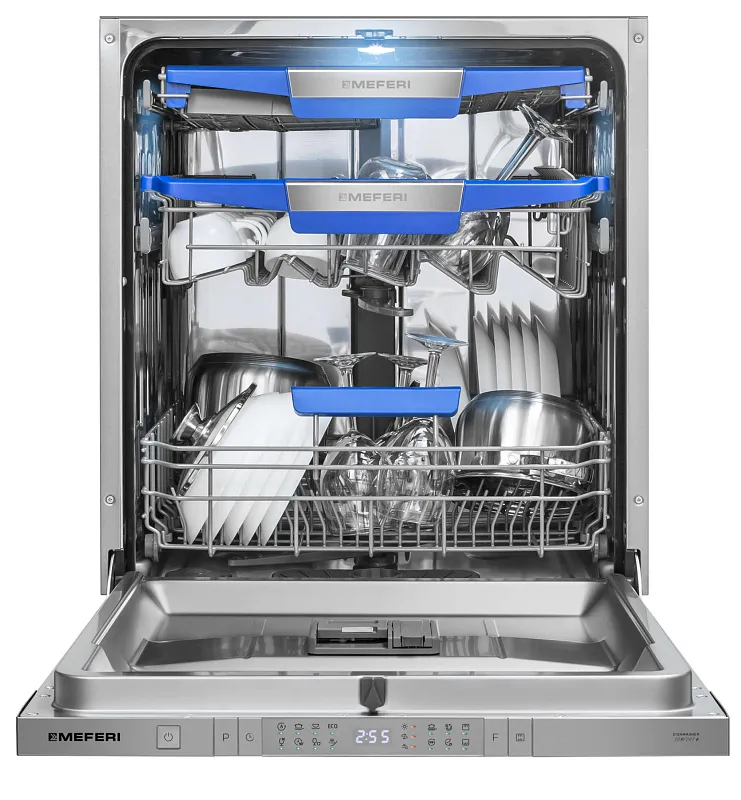 Посудомоечная машина встраиваемая с инвертором MEFERI MDW6083 COMFORT PLUS, 60 см, 14 комплектов посуды, с автооткрыванием, с аквастопом,  луч на полу, внутренняя подсветка, половинная загрузка, отсрочка - изображение posudomoechnaya_mashina_vstraivaemaya_s_invertorom_mdw6083_comfort_plus  