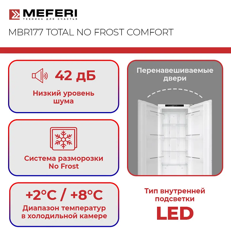 Холодильник встраиваемый MEFERI MBR177 TOTAL NO FROST COMFORT, с возможностью установки Side by Side