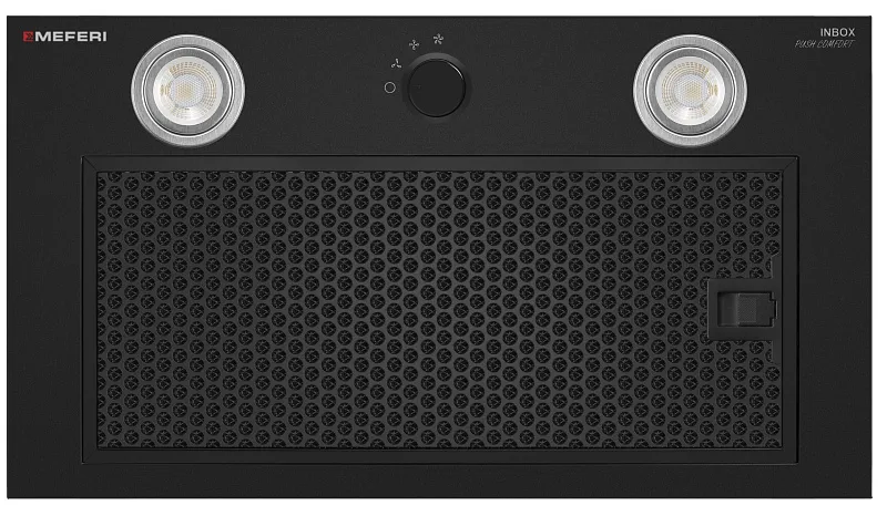 Вытяжка кухонная MEFERI INBOX52BK PUSH COMFORT, 52 см, встраиваемая, черная, производительность 950 м3/ч, 3 скорости, с утапливаемым переключателем, низкий уровень шума, режимы отвод и рециркуляция, гарантия 3 года