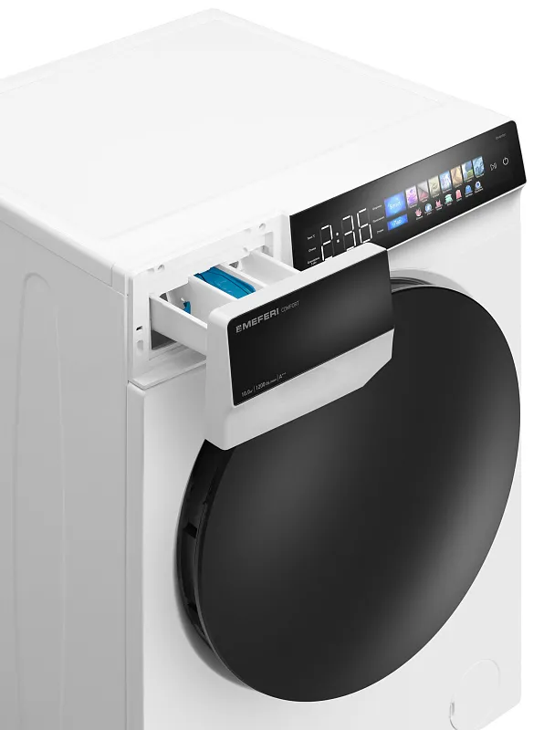 Стиральная машина с инвертором и паром MEFERI MFW101216WH COMFORT отдельностоящая белая, загрузка 10 кг, с возможностью установки в колонну, с сенсорным управлением