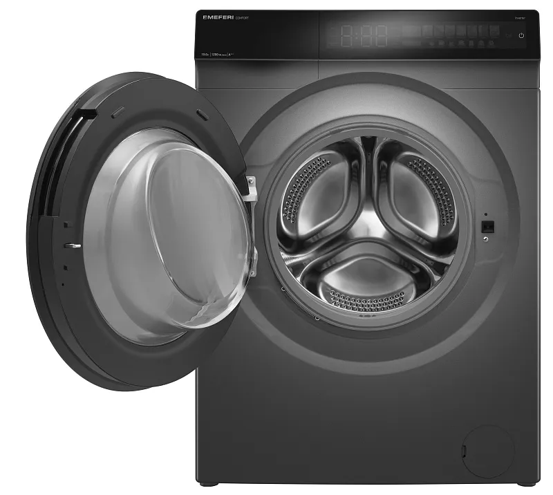 Стиральная машина с инвертором и паром MEFERI MFW101216GR COMFORT отдельностоящая серая, загрузка 10 кг, с возможностью установки в колонну, с сенсорным управлением