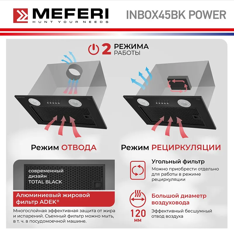 Вытяжка кухонная MEFERI INBOX45BK POWER, 45 см, встраиваемая, черная, производительность 900 м3/ч, 3 скорости, низкий уровень шума, режимы отвод и рециркуляция, гарантия 3 года