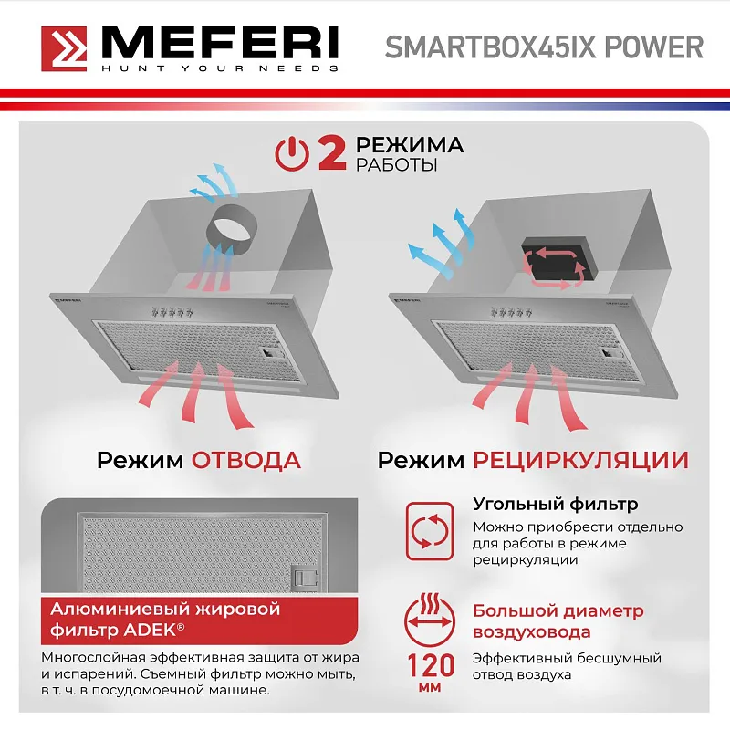 Вытяжка кухонная MEFERI SMARTBOX45IX POWER, 45 см, встраиваемая, серая, производительность 900 м3/ч, 3 скорости, низкий уровень шума, режимы отвод и рециркуляция, гарантия 3 года
