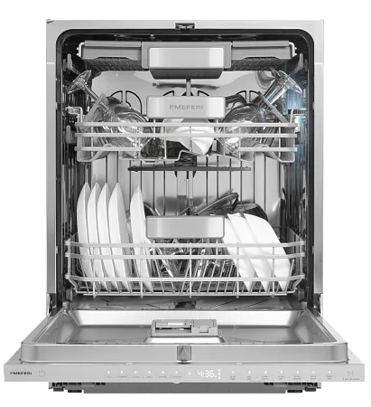 Посудомоечная машина встраиваемая с инвертором MEFERI MDW6093 LUXE 60 см, 16 комплектов посуды, 6 программ, автооткрывание, аквастоп, проекция обратного отсчёта времени, внутренняя подсветка, половинная загрузка, отсрочка