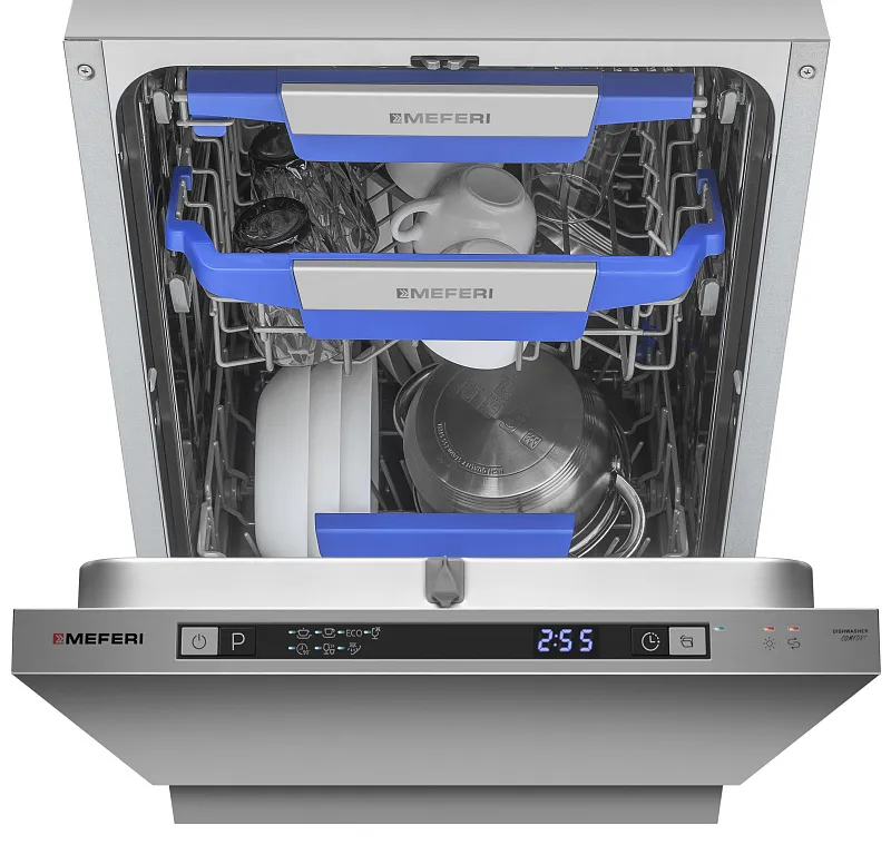 Посудомоечная машина узкая встраиваемая MEFERI MDW4573 COMFORT, 45 см, 10 комплектов посуды, с автооткрыванием, с аквастопом, луч на полу, внутренняя подсветка,отсрочка, таймер