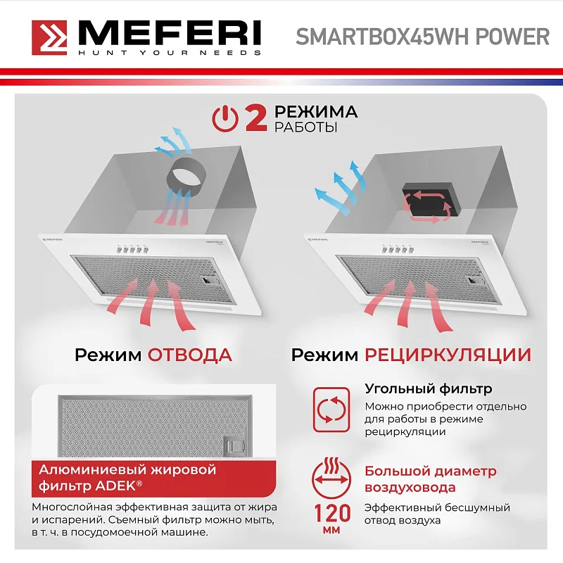 Вытяжка кухонная MEFERI SMARTBOX45WH POWER, 45 см, встраиваемая, белая, производительность 900 м3/ч, 3 скорости, низкий уровень шума, режимы отвод и рециркуляция, гарантия 3 года