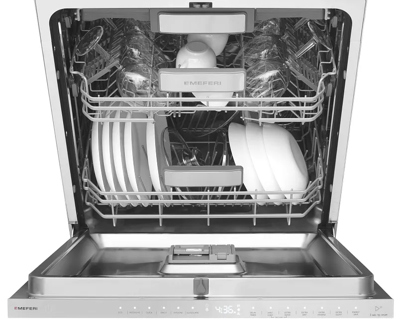 Посудомоечная машина встраиваемая с инвертором MEFERI MDW6093 LUXE 60 см, 16 комплектов посуды, 6 программ, автооткрывание, аквастоп, проекция обратного отсчёта времени, внутренняя подсветка, половинная загрузка, отсрочка