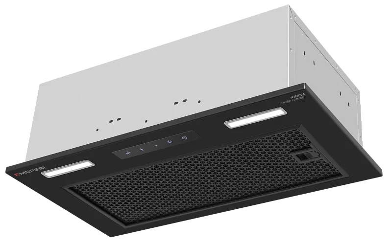 Фото vytyazhka_polnovstraivaemaya_inbox52bk_sensor_comfort на сайте meferi-home.ru Вытяжка кухонная MEFERI INBOX52BK SENSOR COMFORT, 52 см, встраиваемая, черная, производительность 950 м3/ч, 3 скорости, низкий уровень шума, режимы отвод и циркуляция, сенсорное управление, пульт дистанционного управления, гарантия 3 года - изображение vytyazhka_polnovstraivaemaya_inbox52bk_sensor_comfort