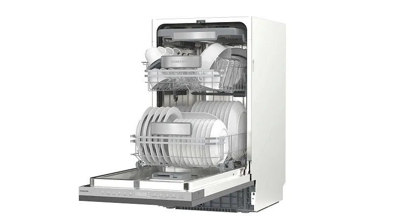Посудомоечная машина узкая встраиваемая с инвертором MEFERI MDW4593 LUXE, 45 см, 10 комплектов посуды, автооткрывание дверцы, аквастоп, проекция обратного отсчёта времени, внутренняя подсветка, половинная загрузка, таймер