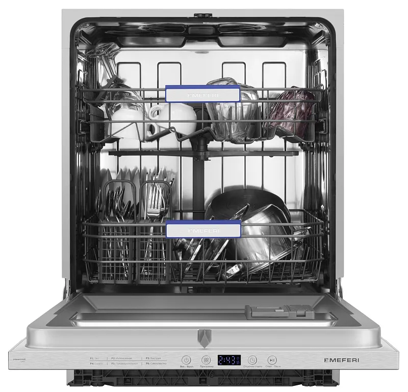 Посудомоечная машина встраиваемая MEFERI MDW6062 LIGHT (модификация 2025 года), 60 см, напольная, 13 комплектов посуды, 6 программ, 2 корзины, отсрочка, таймер, защита от протечек - изображение posudomoechnaya_mashina_vstraivaemaya_mdw6062_light  