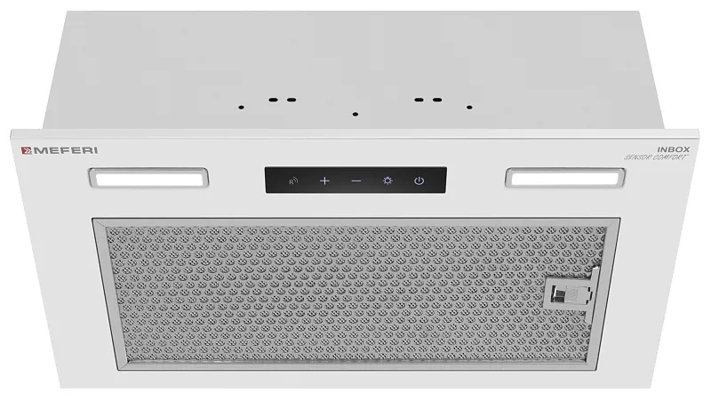 Вытяжка кухонная MEFERI INBOX52WH SENSOR COMFORT, 52 см, встраиваемая, белая, производительность 950 м3/ч, 3 скорости, низкий уровень шума, режимы отвод и рециркуляция, сенсорное управление, пульт дистационного управления, гарантия 3 года