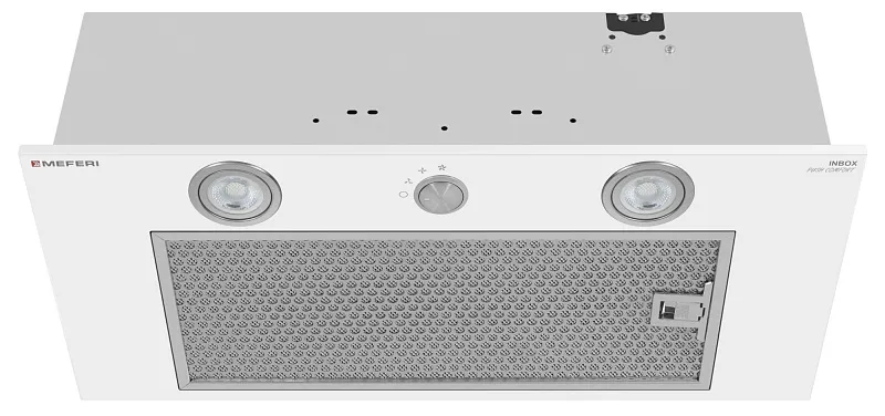 Вытяжка кухонная MEFERI INBOX60WH PUSH COMFORT, 60 см, встраиваемая, белая, производительность 950 м3/ч, 3 скорости, с утапливаемым переключателем, низкий уровень шума, режимы отвод и рециркуляция, гарантия 3 года