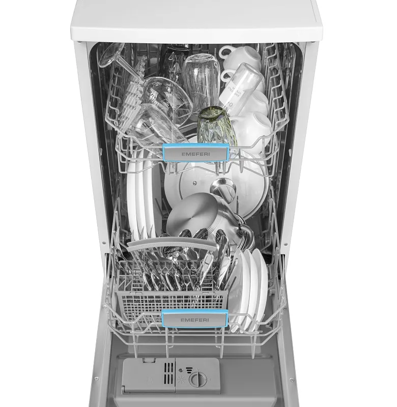 Посудомоечная машина узкая отдельностоящая MEFERI MDW4562WH FS LIGHT, 45 см, 9 комплектов посуды, 6 программ, 2 корзины, половинная загрузка, отсрочка, таймер, защита от протечек, внутренняя подсветка