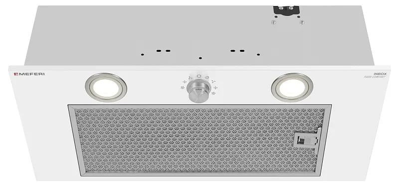 Вытяжка кухонная MEFERI INBOX60WH PUSH COMFORT, 60 см, встраиваемая, белая, производительность 950 м3/ч, 3 скорости, с утапливаемым переключателем, низкий уровень шума, режимы отвод и рециркуляция, гарантия 3 года