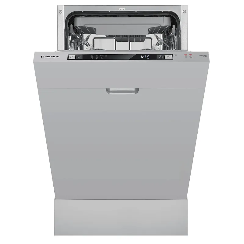Посудомоечная машина узкая встраиваемая MEFERI MDW4573 ULTRA, 45 см, 10 комплектов посуды, 7 программ, 3 корзины, защита от протечек, луч на полу, внутренняя подсветка, половинная загрузка, отсрочка, таймер