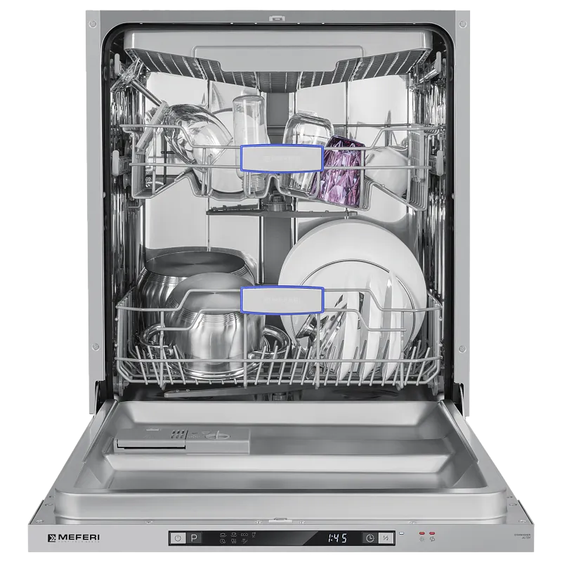 Посудомоечная машина встраиваемая MEFERI MDW6073 ULTRA, 60 см, напольная, 14 комплектов посуды, 7 программ, 3 корзины, луч на полу, внутренняя подсветка, половинная загрузка - изображение posudomoechnaya_mashina_vstraivaemaya_mdw6073_ultra  