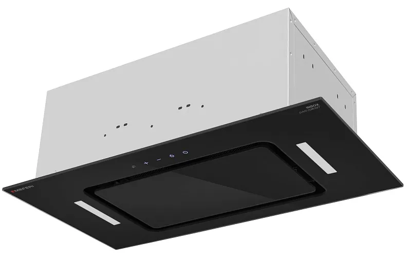 Вытяжка кухонная MEFERI INBOX60BK GLASS COMFORT, 60 см, встраиваемая, черная, стекло, производительность 950 м3/ч, 3 скорости, низкий уровень шума, режимы отвод и рециркуляция, пульт дистанционного управления, гарантия 3 года