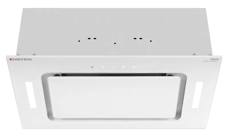 Вытяжка кухонная MEFERI INBOX52WH GLASS COMFORT, 52 см, встраиваемая, белая, стекло, производительность 950 м3/ч, 3 скорости, низкий уровень шума, режимы отвод и рециркуляция, пульт дистанционного управления, гарантия 3 года