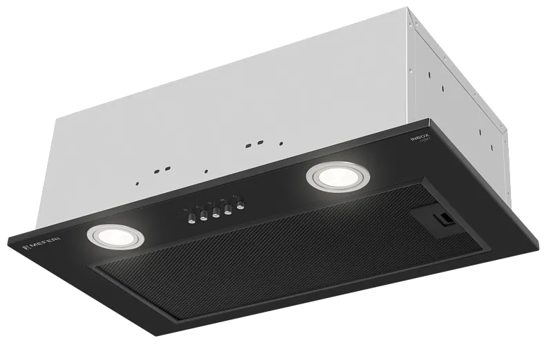Фото vytyazhka_polnovstraivaemaya_inbox52bk_light на сайте meferi-home.ru Вытяжка кухонная MEFERI INBOX52BK LIGHT, 52 см, встраиваемая, черная, производительность 650 м3/ч, 3 скорости, низкий уровень шума, режимы отвод и рециркуляция, гарантия 3 года - изображение vytyazhka_polnovstraivaemaya_inbox52bk_light
