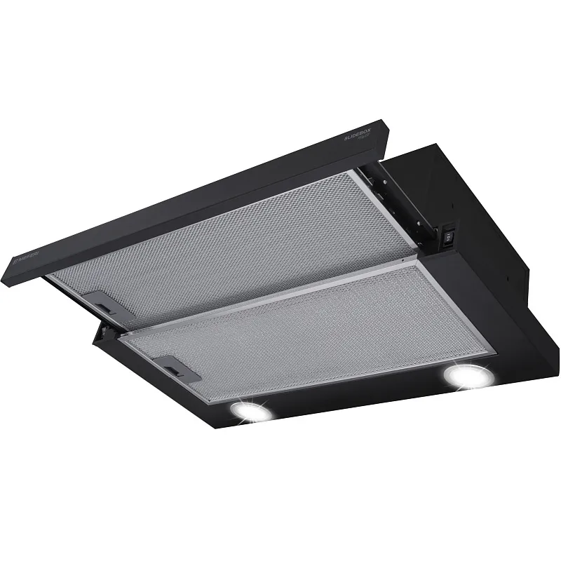 Вытяжка телескопическая кухонная MEFERI SLIDEBOX60BK POWER, 60 см, черная, производительность 850 м3/ч, 2 скорости, низкий уровень шума, режимы отвод и рециркуляция, гарантия 3 года