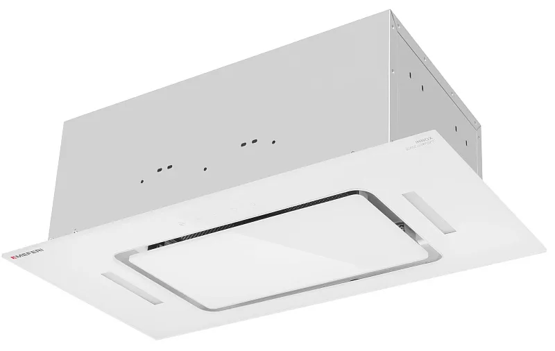 Вытяжка кухонная MEFERI INBOX60WH GLASS COMFORT, 60 см, встраиваемая, белая, стекло, производительность 950 м3/ч, 3 скорости, низкий уровень шума, режимы отвод и рециркуляция, пульт дистанционного управления, гарантия 3 года