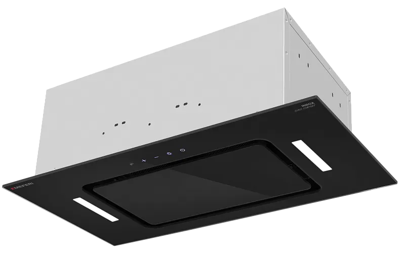 Вытяжка кухонная MEFERI INBOX60BK GLASS COMFORT, 60 см, встраиваемая, черная, стекло, производительность 950 м3/ч, 3 скорости, низкий уровень шума, режимы отвод и рециркуляция, пульт дистанционного управления, гарантия 3 года - изображение vytyazhka_polnovstraivaemaya_inbox60bk_glass_comfort  
