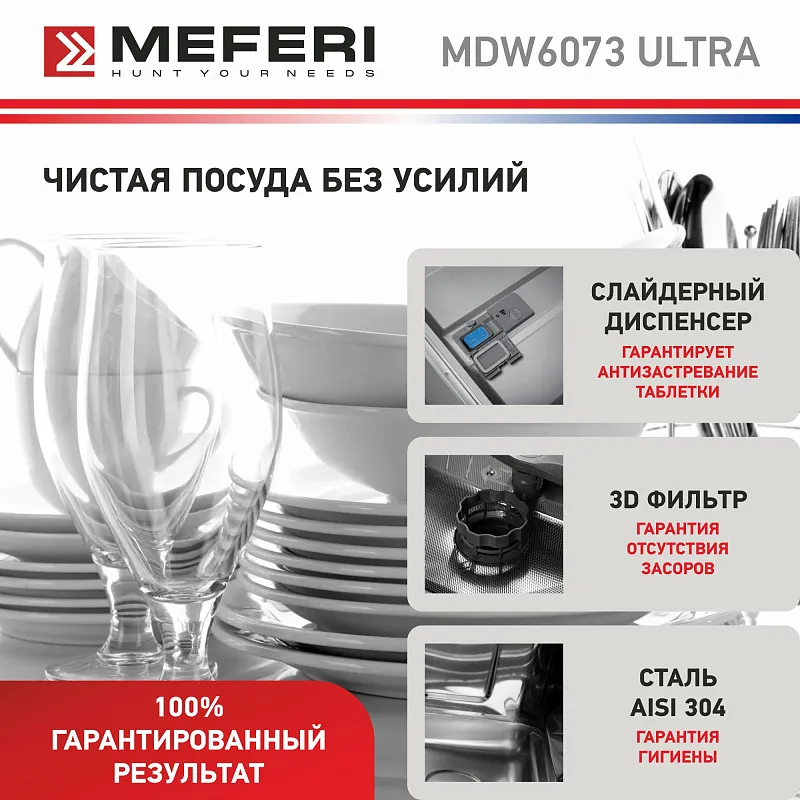 Посудомоечная машина встраиваемая MEFERI MDW6073 ULTRA, 60 см, напольная, 14 комплектов посуды, 7 программ, 3 корзины, луч на полу, внутренняя подсветка, половинная загрузка