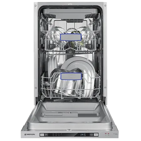 Посудомоечная машина узкая встраиваемая MEFERI MDW4573 ULTRA, 45 см, 10 комплектов посуды, 7 программ, 3 корзины, защита от протечек, луч на полу, внутренняя подсветка, половинная загрузка, отсрочка, таймер