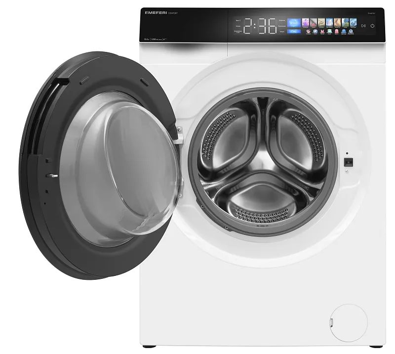 Стиральная машина с инвертором и паром MEFERI MFW101216WH COMFORT отдельностоящая белая, загрузка 10 кг, с возможностью установки в колонну, с сенсорным управлением