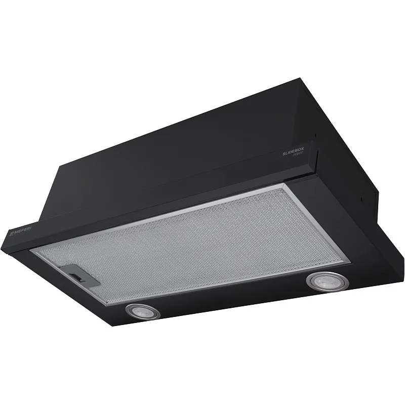 Вытяжка телескопическая кухонная MEFERI SLIDEBOX60BK POWER, 60 см, черная, производительность 850 м3/ч, 2 скорости, низкий уровень шума, режимы отвод и рециркуляция, гарантия 3 года