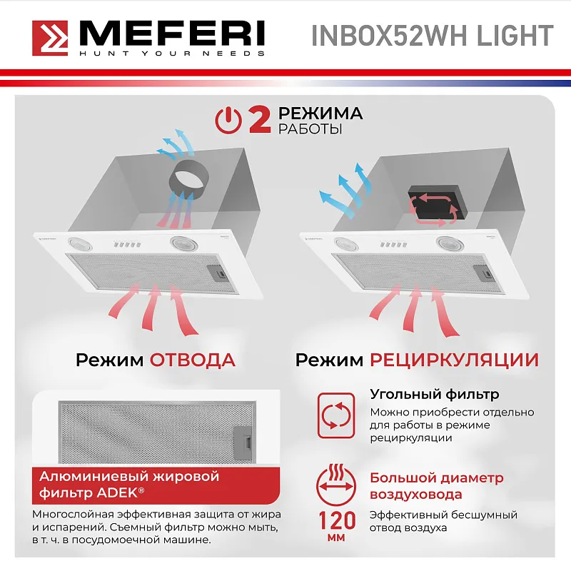 Вытяжка кухонная MEFERI INBOX52WH LIGHT, 52 см, встраиваемая, белая, производительность 650 м3/ч, 3 скорости, низкий уровень шума, режимы отвод и рециркуляция, гарантия 3 года