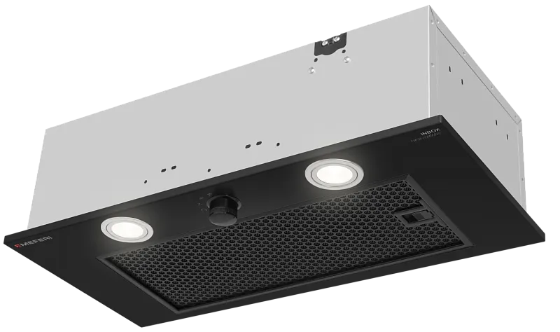 Вытяжка кухонная MEFERI INBOX60BK PUSH COMFORT, 60 см, встраиваемая, черная, производительность 950 м3/ч, 3 скорости, с утапливаемым переключателем, низкий уровень шума, режимы отвод и рециркуляция, гарантия 3 года - изображение vytyazhka_polnovstraivaemaya_inbox60bk_push_comfort  