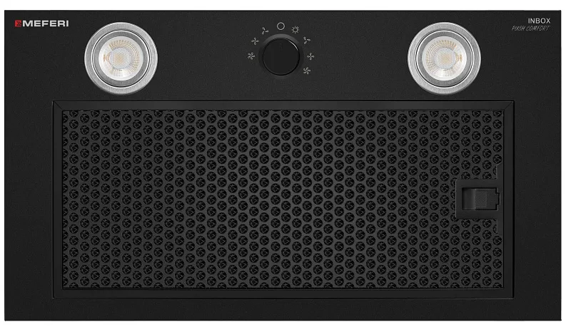 Вытяжка кухонная MEFERI INBOX52BK PUSH COMFORT, 52 см, встраиваемая, черная, производительность 950 м3/ч, 3 скорости, с утапливаемым переключателем, низкий уровень шума, режимы отвод и рециркуляция, гарантия 3 года