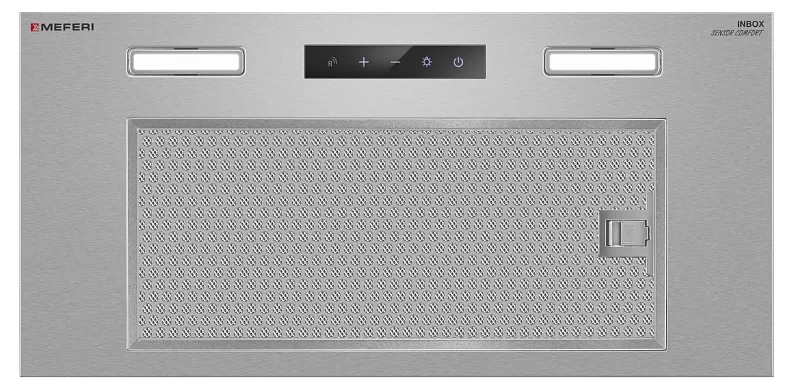 Вытяжка кухонная MEFERI INBOX60IX SENSOR COMFORT на 60 см встраиваемая, серая, производительность 950 м3/ч, 3 скорости, низкий уровень шума, режимы отвод и рециркуляция, сенсорное управление, пульт дистанционного управления, гарантия 3 года