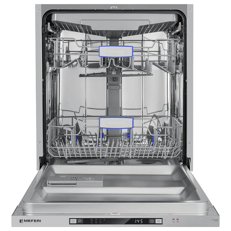 Посудомоечная машина встраиваемая MEFERI MDW6073 ULTRA, 60 см, напольная, 14 комплектов посуды, 7 программ, 3 корзины, луч на полу, внутренняя подсветка, половинная загрузка