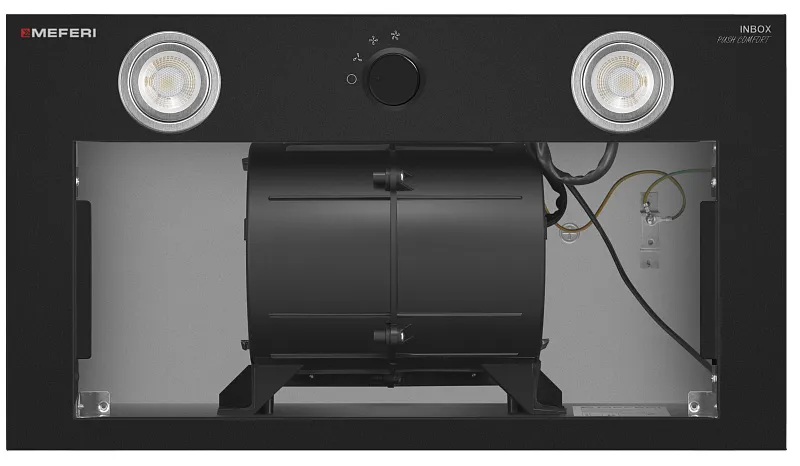 Вытяжка кухонная MEFERI INBOX52BK PUSH COMFORT, 52 см, встраиваемая, черная, производительность 950 м3/ч, 3 скорости, с утапливаемым переключателем, низкий уровень шума, режимы отвод и рециркуляция, гарантия 3 года