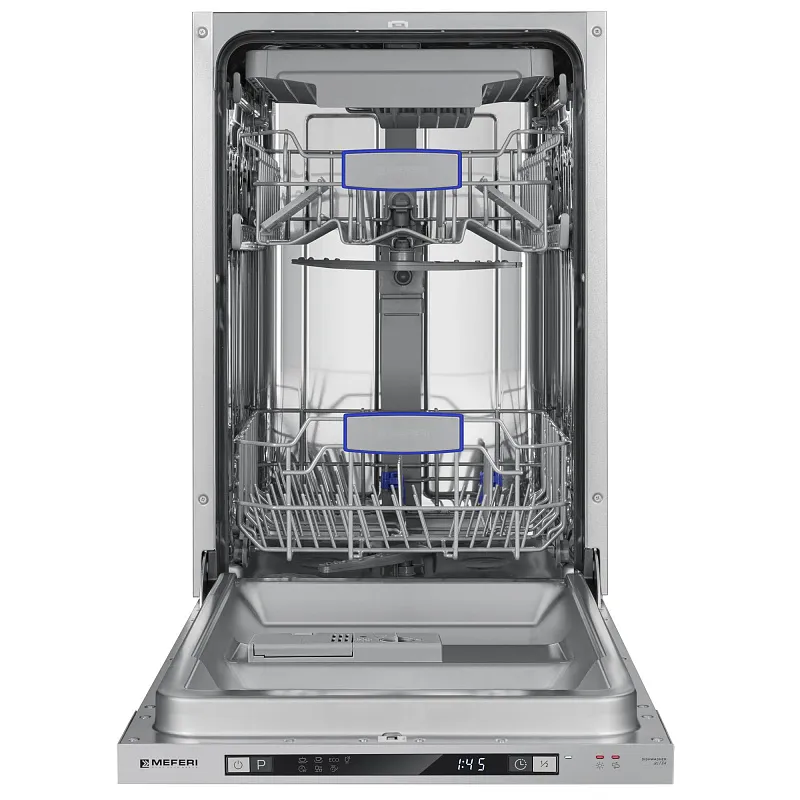 Посудомоечная машина узкая встраиваемая MEFERI MDW4573 ULTRA, 45 см, 10 комплектов посуды, 7 программ, 3 корзины, защита от протечек, луч на полу, внутренняя подсветка, половинная загрузка, отсрочка, таймер