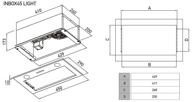 Вытяжка кухонная MEFERI INBOX45IX LIGHT, 45 см, встраиваемая, серая, производительность 650 м3/ч, 3 скорости, низкий уровень шума, режимы отвод и рециркуляция, гарантия 3 года