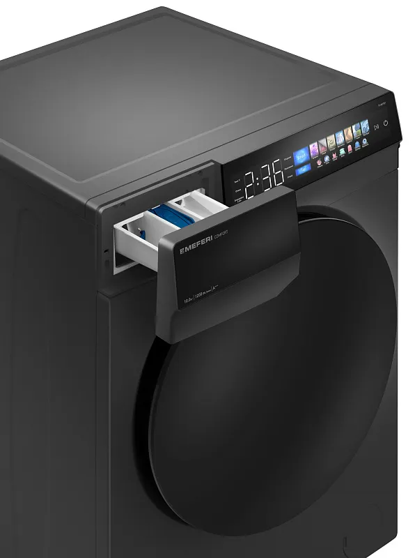 Стиральная машина с инвертором и паром MEFERI MFW101216GR COMFORT отдельностоящая серая, загрузка 10 кг, с возможностью установки в колонну, с сенсорным управлением