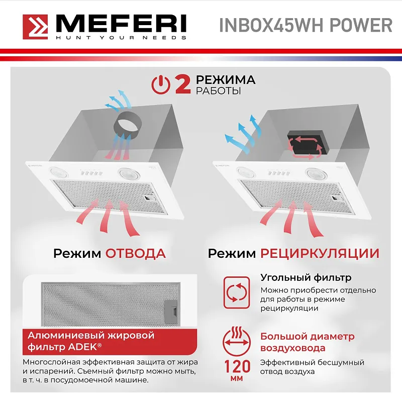 Вытяжка кухонная MEFERI INBOX45WH POWER, 45 см, встраиваемая, белая, производительность 900 м3/ч, 3 скорости, низкий уровень шума, режимы отвод и рециркуляция, гарантия 3 года